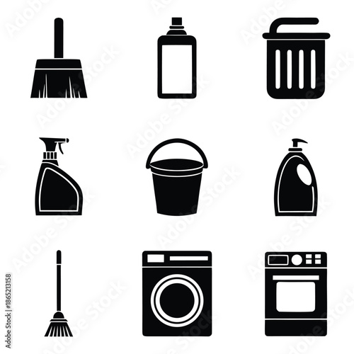 Cleaning Supplies And Appliances Icons broom spray bottle
