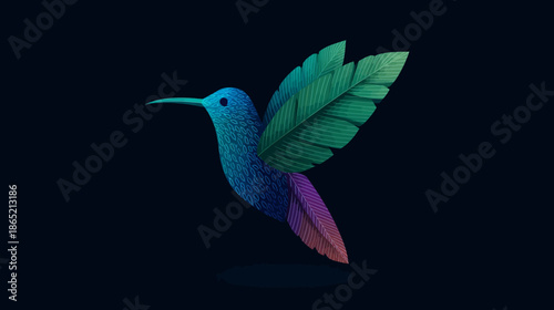 Stylized vibrant hummingbird digital art with textured leaf-like wings and glowing outline on a dark background, nature illustration.