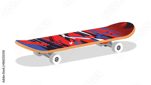 Vibrant skateboard featuring a striking red, blue, and black abstract patterned deck, viewed from a dynamic side perspective, representing urban style.