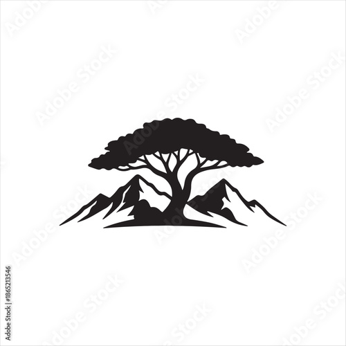 Minimal tree and mountain landscape vector illustration representing nature harmony