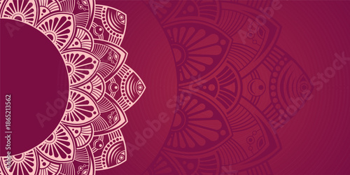 Horizontal color vector mandala banner. Decorative flower mandala on maroon background. Luxury mandala color vector background. Arabic, islamic east style. Vector color illustration.