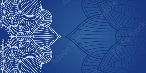 Horizontal color vector mandala banner. Decorative flower mandala on blue background. Luxury mandala color vector background. Arabic, islamic east style. Vector color illustration.