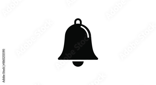 A simple depiction of a classic bell shape rendered in a stark black color silhouette