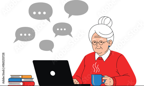 Senior Woman Using Laptop for Online Communication with Chat Messages, 
Coffee, and Home Workspace Flat Vector Illustration