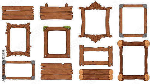 Diverse collection of various wooden frames and decorative borders, featuring a range of cartoon-style ornate and simple designs, perfect for game UI or illustrations.