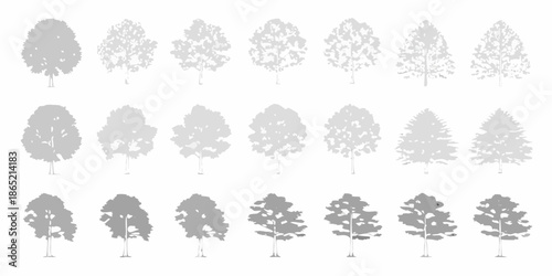 A collection of grayscale tree silhouettes arranged in neat rows and columns
