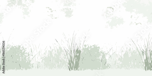 A minimalist landscape with green grassy textures and a soft white backdrop
