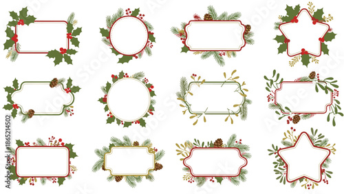 Extensive collection of various festive Christmas frames and borders in diverse shapes, beautifully adorned with holly, berries, pine cones, and lush greenery.
