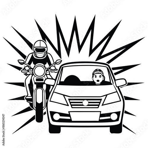 Motorcycle and car with shocked driver in a near collision