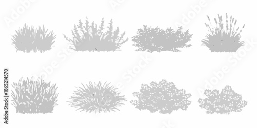 An arrangement of various shrub silhouettes against a plain white background
