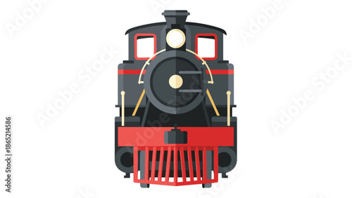 Striking front view illustration of a classic black and red steam locomotive train, featuring a bold, flat design, symbolizing historical transportation.