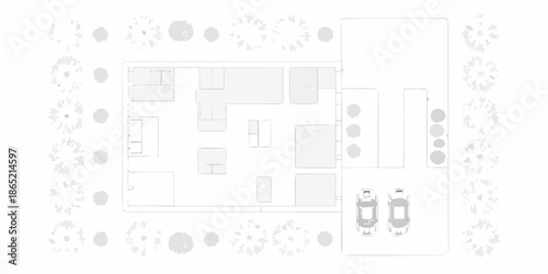 An aerial view of a modern house floor plan with surrounding landscaping