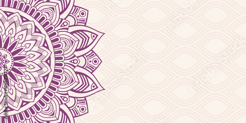 Horizontal mandala banner. Decorative flower mandala background with place for text. Purple color mandala vector graphics. Arabic, islamic east style. Vector color illustration.