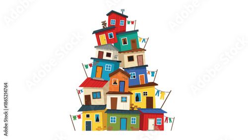 Whimsical illustration of a towering stack of colorful, dilapidated houses, resembling a vibrant favela or shanty town, adorned with clotheslines.