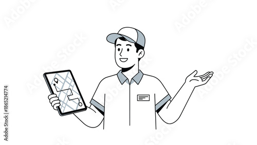Smiling delivery worker in uniform holding a digital tablet with a map for navigation, ready to provide efficient service.