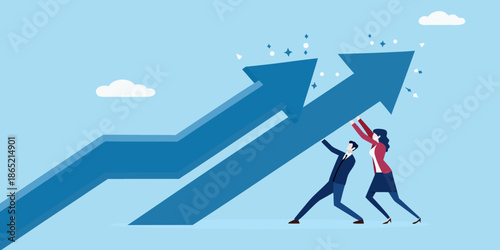 Teamwork and growth people assisting an upward trending arrow