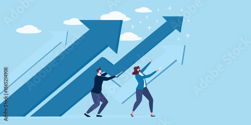 Teamwork propelling growth people pushing a large arrow upwards for success