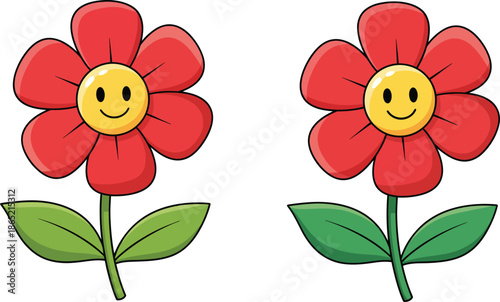 Cheerful illustration of two cartoon red flowers with smiling faces, green stems and leaves, isolated on a dark background.