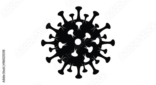 A detailed black and white illustration depicting a complex virus structure showcasing its spiky outer layer silhouette