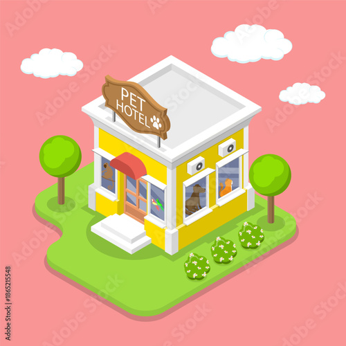 3D Isometric Flat Vector Illustration of Pet Hotel, Animal Boarding Facility For Various Pets