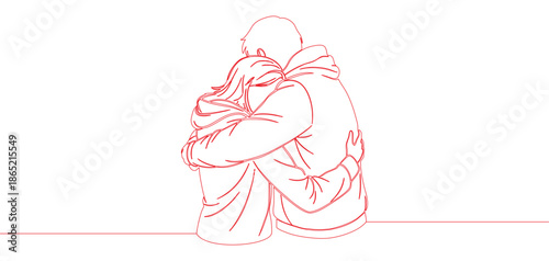 Vector illustration of a couple hugging with line art style
