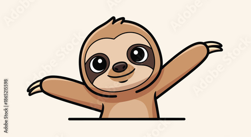 Happy cartoon sloth illustration with outstretched arms, smiling and peeking from bottom, cute animal graphic for cheerful design elements.