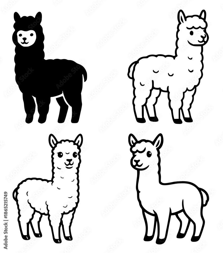 Fototapeta premium 4 alpaca illustration icons, silhouette, transparent background