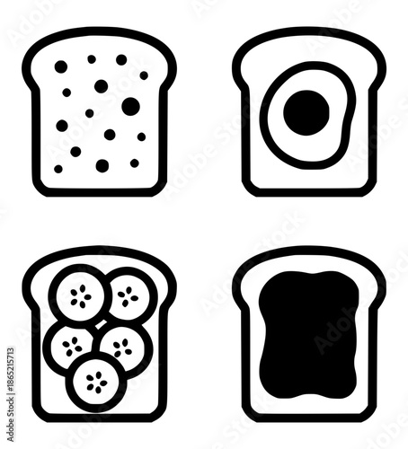 4 toast bread illustration icons, silhouette, transparent background