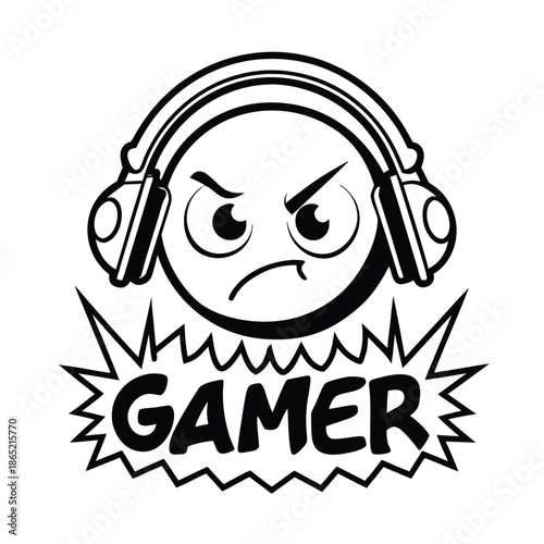Aggressive Gamer Character with Headphones and Text