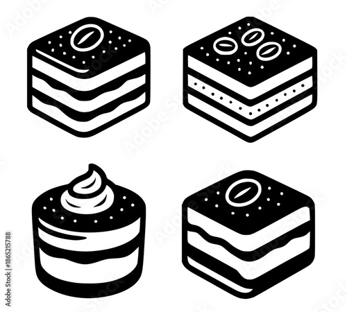 4 tiramisu illustration icons, silhouette, transparent background