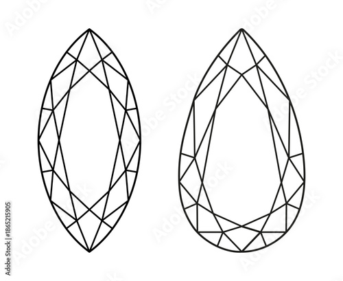 Marquise, Pear diamond cut shape set. Gemstone outline pattern for jewellery design, branding, packaging, logotype. Marquise, Pear brilliant cut minimalist icons. Diamond top view. Design diagram.