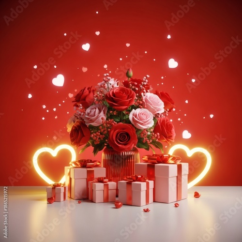 Romantic Valentine’s Day Background with Roses and Gift Boxes