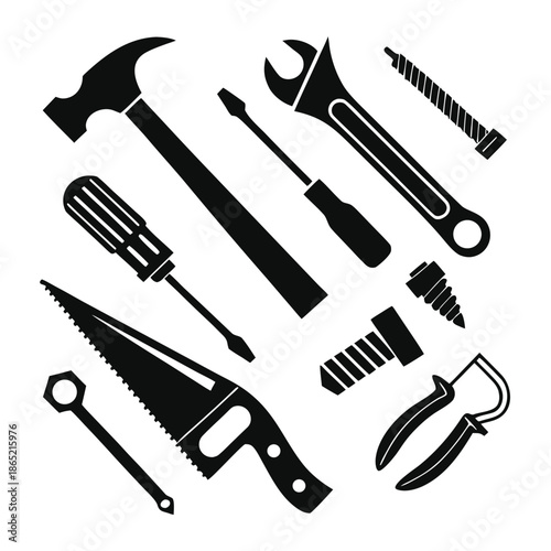 Assorted Black Hand Tools and Fasteners hammer screwdriver