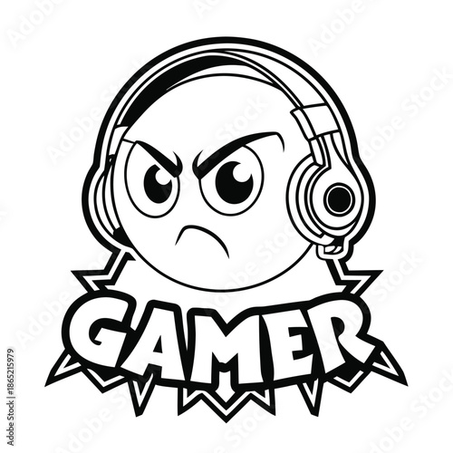 Angry Gamer Face with Headphones and Word Gamer vector.
