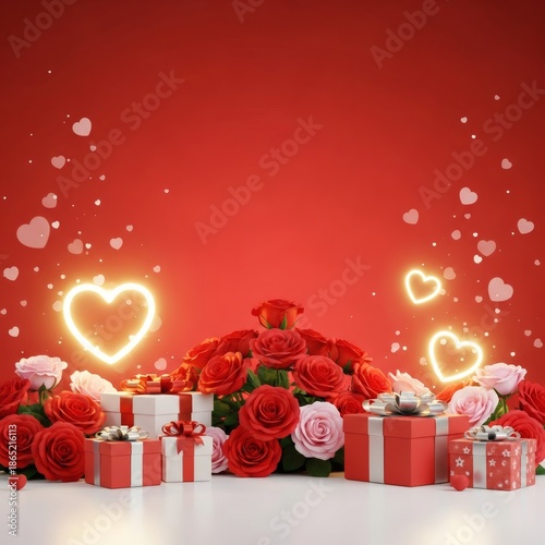 Romantic Valentine’s Day Background with Roses and Gift Boxes