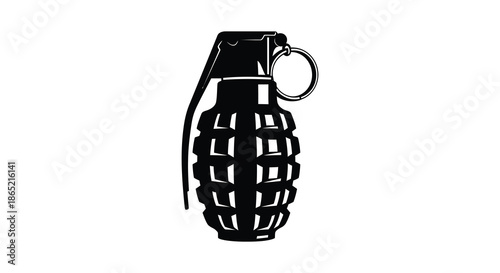A stark black silhouette of a classic hand grenade its pin prominently displayed silhouette