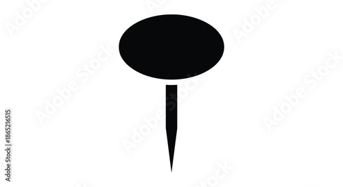 A simple black graphic representation of a push pin including the head and pointed end silhouette