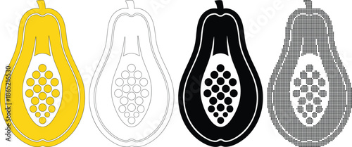 Papaya fruit icon set yellow black line outline halftone isolated on transparent background vector illustration flat design