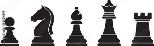 Black Chess Pieces Including Pawn Knight Bishop Queen and Rook also transparent background