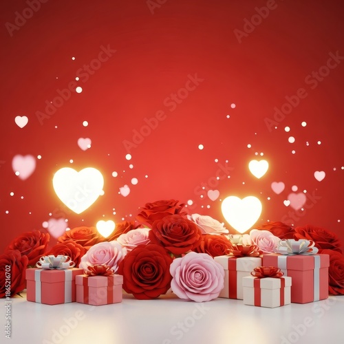 Romantic Valentine’s Day Background with Roses and Gift Boxes