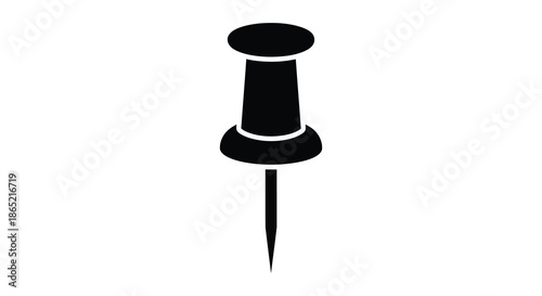 A simple black graphic depiction of a push pin showcasing its iconic shape as a silhouette