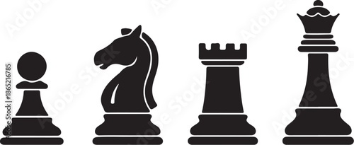 Four Black Chess Pieces Including Pawn Knight Rook and Queen also transparent background