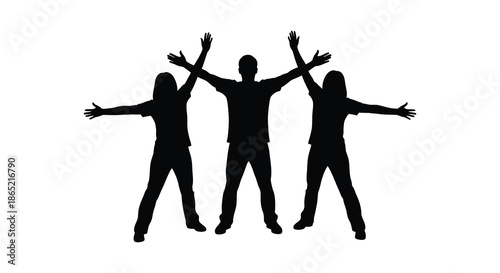 three people with arms raised in a celebratory pose against a white background silhouette