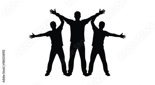 three people with arms outstretched in a celebratory pose captured as a striking black silhouette