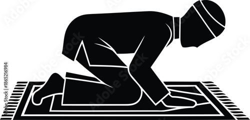 Muslim man praying on prayer rug silhouette islam religion spiritual