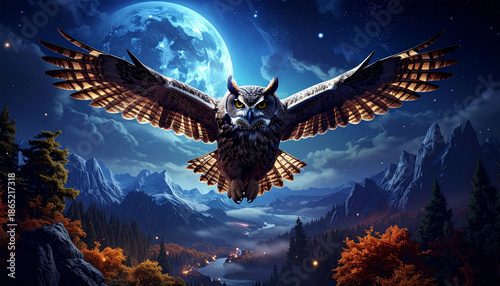 Majestic owl soaring gracefully beneath the moonlit sky. The owl is in full flight, its wings spread wide, showcasing intricate details, under the full moon in the dark night. 