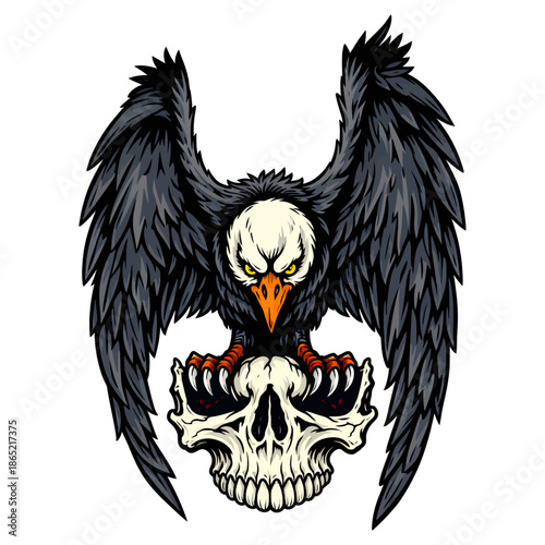 Fierce Eagle with Spread Wings Holding Skull – Dark Gothic Vector Illustration