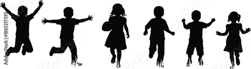 Silhouette set of happy jumping and running children, playful kids activity illustration, childhood joy, freedom, energy, and fun concept in black and white style