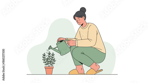 Woman watering potted plant, illustration, home gardening, healthy lifestyle, sustainability