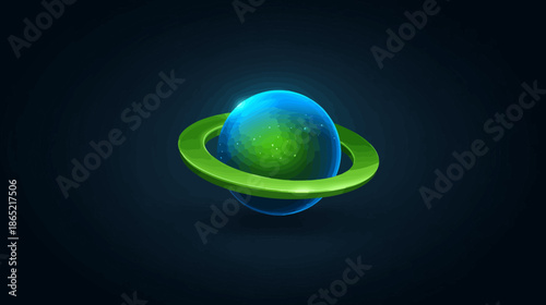Stylized blue and green planet with bright green orbital ring, glossy digital render, abstract global technology or ecological concept.